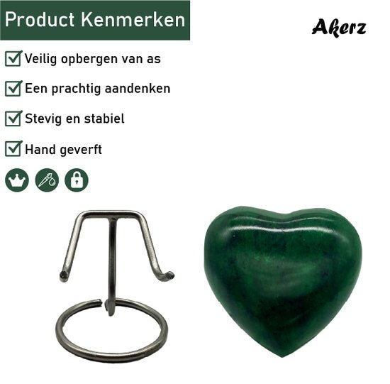 Akerz Mini Urn -groen met zwart - Hart - Aluminium - Inclusief Standaard - Graveerbaar - 80ml