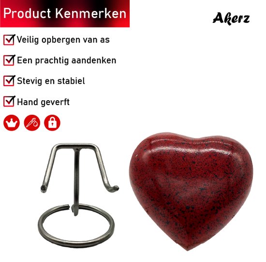 Akerz Mini Urn - rood met zwart - Hart - Aluminium - Inclusief Standaard - Graveerbaar - 80ml