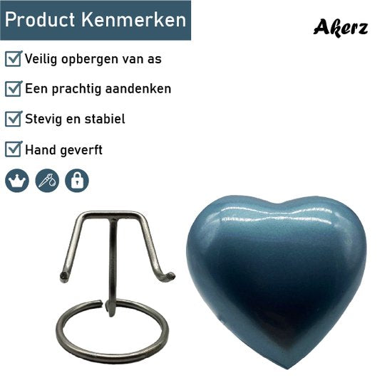Akerz Mini Urn -donker blauw - Hart - Aluminium - Inclusief Standaard - Graveerbaar - 80ml