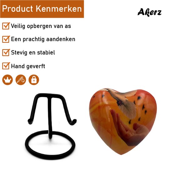 Akerz Mini Urn - oranje / duif - Hart - Aluminium - Inclusief Standaard - Graveerbaar - 80ml