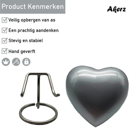 Akerz Mini Urn - zilver - Hart - Aluminium - Inclusief Standaard - Graveerbaar - 80ml