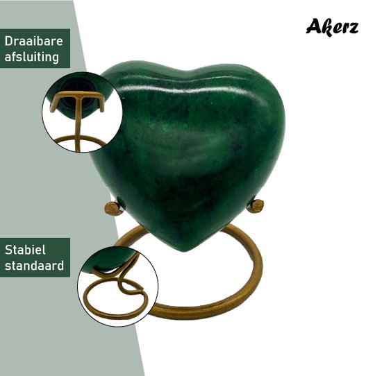 Akerz Mini Urn -groen met zwart - Hart - Aluminium - Inclusief Standaard - Graveerbaar - 80ml