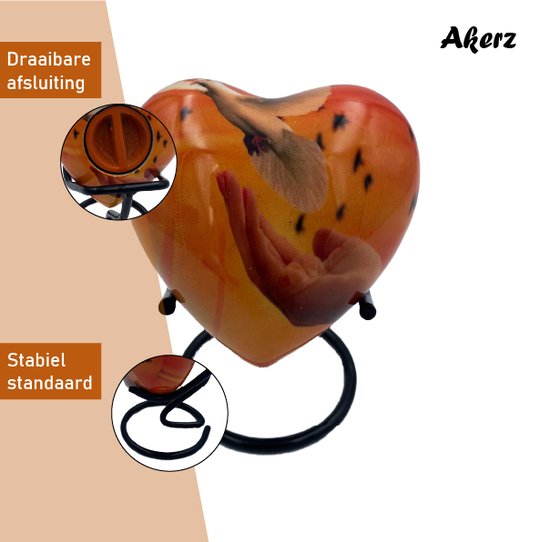 Akerz Mini Urn - oranje / duif - Hart - Aluminium - Inclusief Standaard - Graveerbaar - 80ml