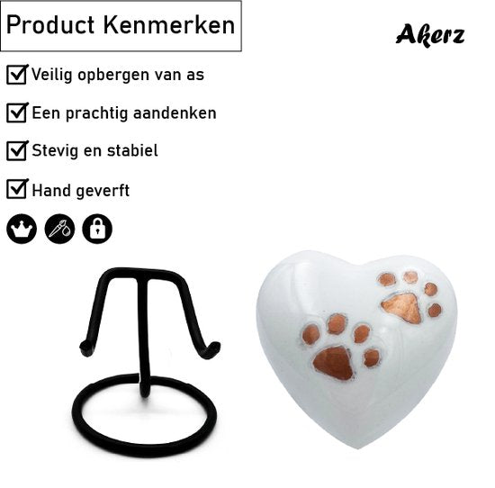 Akerz Mini Urn - wit met pootjes - Hart - Aluminium - Inclusief Standaard - Graveerbaar - 80ml