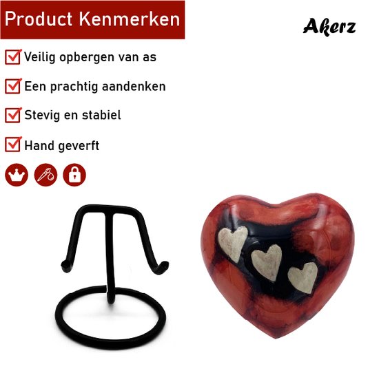 Akerz Mini Urn - rood met hartjes - Hart - Aluminium - Inclusief Standaard - Graveerbaar - 80ml