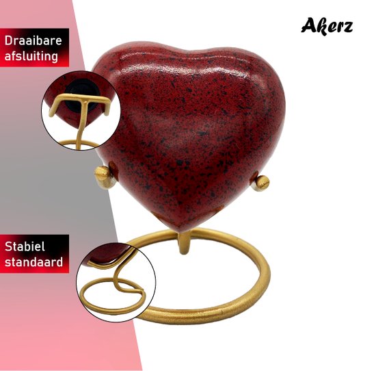 Akerz Mini Urn - rood met zwart - Hart - Aluminium - Inclusief Standaard - Graveerbaar - 80ml
