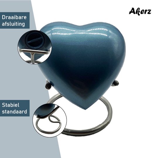 Akerz Mini Urn -donker blauw - Hart - Aluminium - Inclusief Standaard - Graveerbaar - 80ml