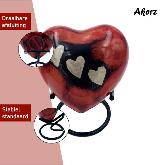 Akerz Mini Urn - rood met hartjes - Hart - Aluminium - Inclusief Standaard - Graveerbaar - 80ml