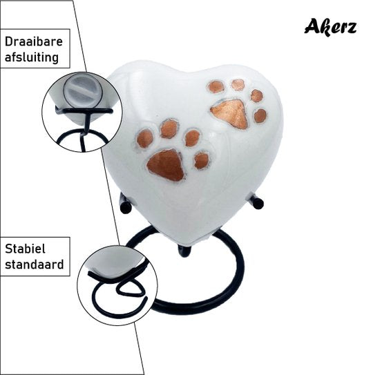 Akerz Mini Urn - wit met pootjes - Hart - Aluminium - Inclusief Standaard - Graveerbaar - 80ml