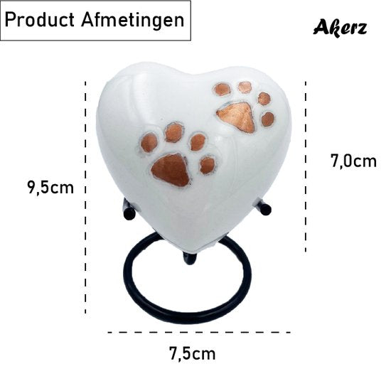 Akerz Mini Urn - wit met pootjes - Hart - Aluminium - Inclusief Standaard - Graveerbaar - 80ml