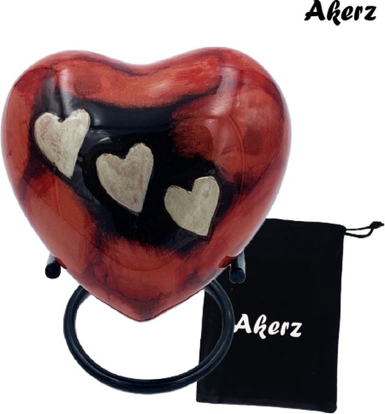 Akerz Mini Urn - rood met hartjes - Hart - Aluminium - Inclusief Standaard - Graveerbaar - 80ml
