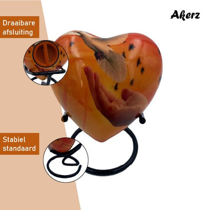 Akerz Mini Urn - oranje / duif - Hart - Aluminium - Inclusief Standaard - Graveerbaar - 80ml