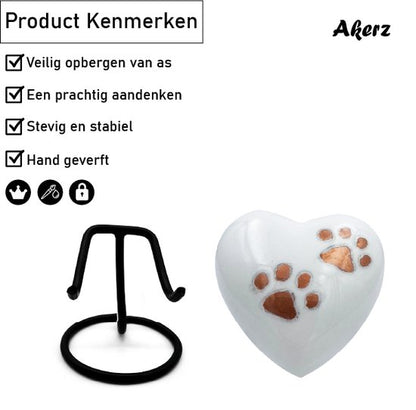 Akerz Mini Urn - wit met pootjes - Hart - Aluminium - Inclusief Standaard - Graveerbaar - 80ml