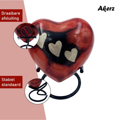Akerz Mini Urn - rood met hartjes - Hart - Aluminium - Inclusief Standaard - Graveerbaar - 80ml