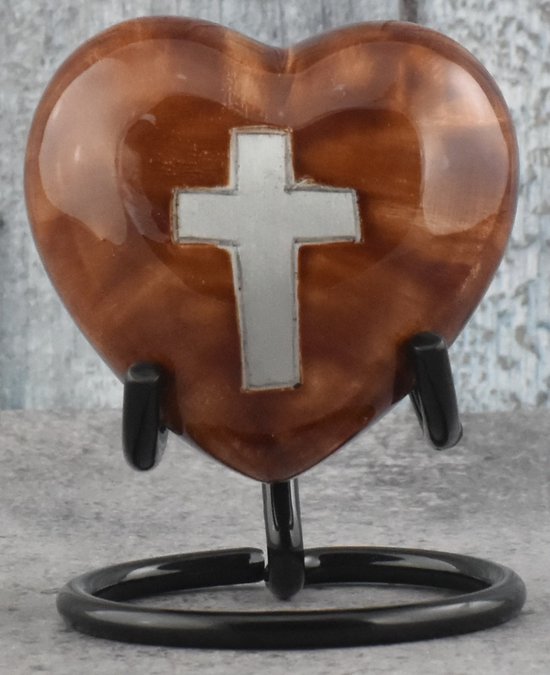 Mini Urn - bruin - kruis- jezus - Hart - Aluminium - Inclusief Standaard - Graveerbaar - 80ml