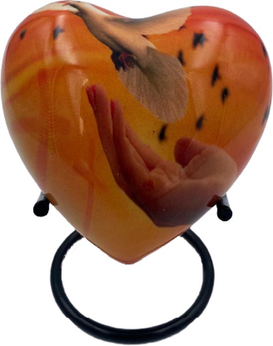 Akerz Mini Urn - oranje / duif - Hart - Aluminium - Inclusief Standaard - Graveerbaar - 80ml